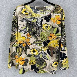 Jane Ashley Womens Floral Sequin Top Size L Tan Yellow Green Casual 3/4 Sleeve